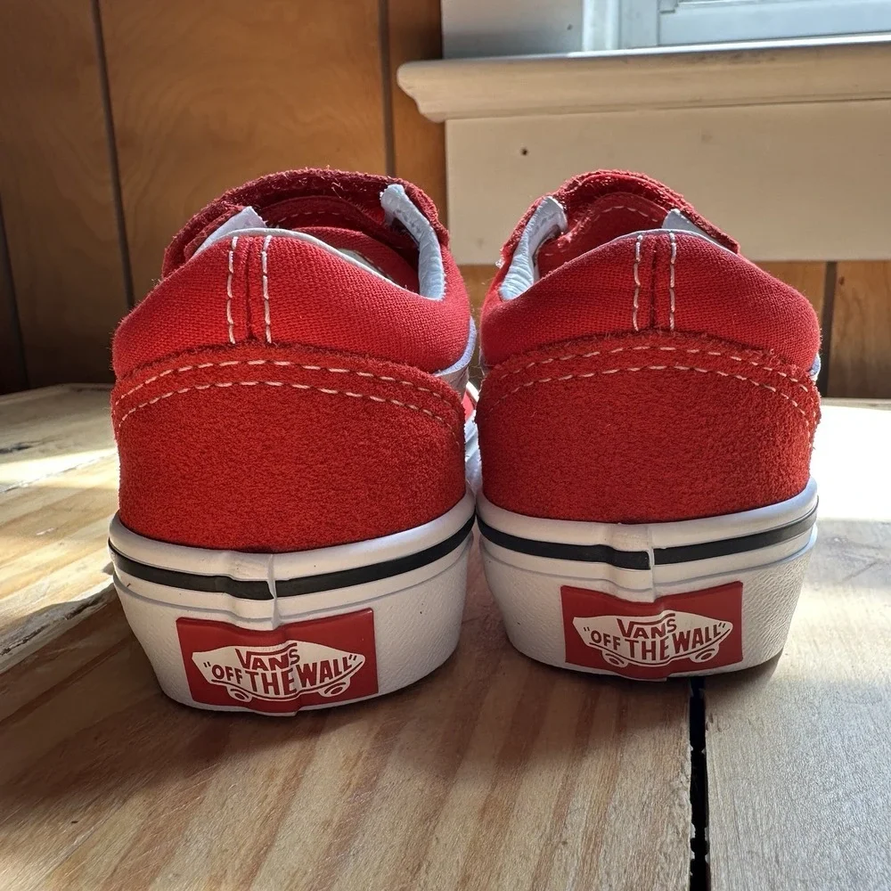 VANS Old Skool Red White Suede Canvas Sneakers Unisex Kids US 10.5 Hook & Loop